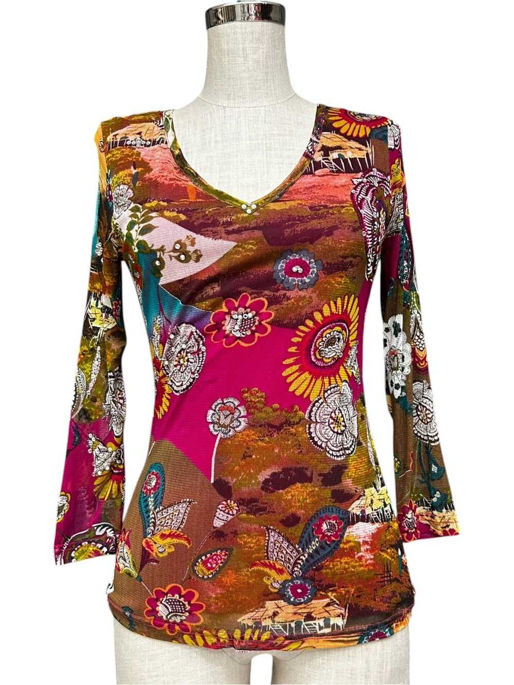 Lynne Ritchie Pink Floral Mesh Sequin Top Small, Y2K Silk Mesh Sequins Glam Top